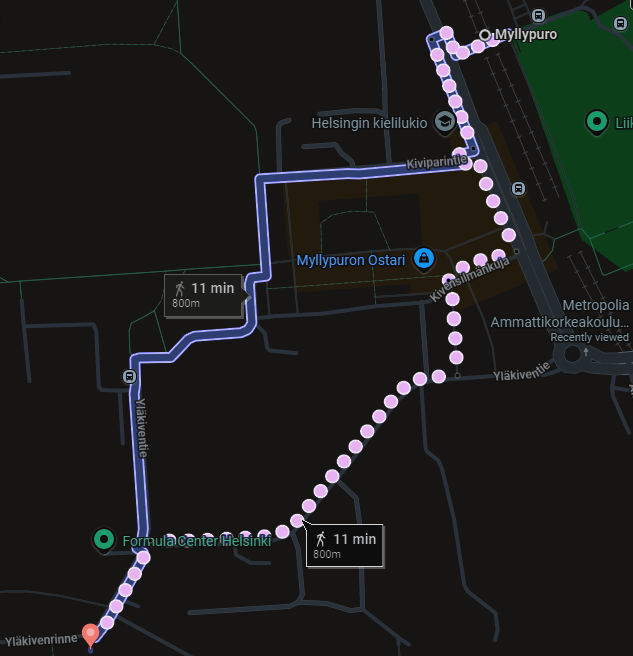 Picture of a map portraying the way to walk to the Myllypuro elementary school.